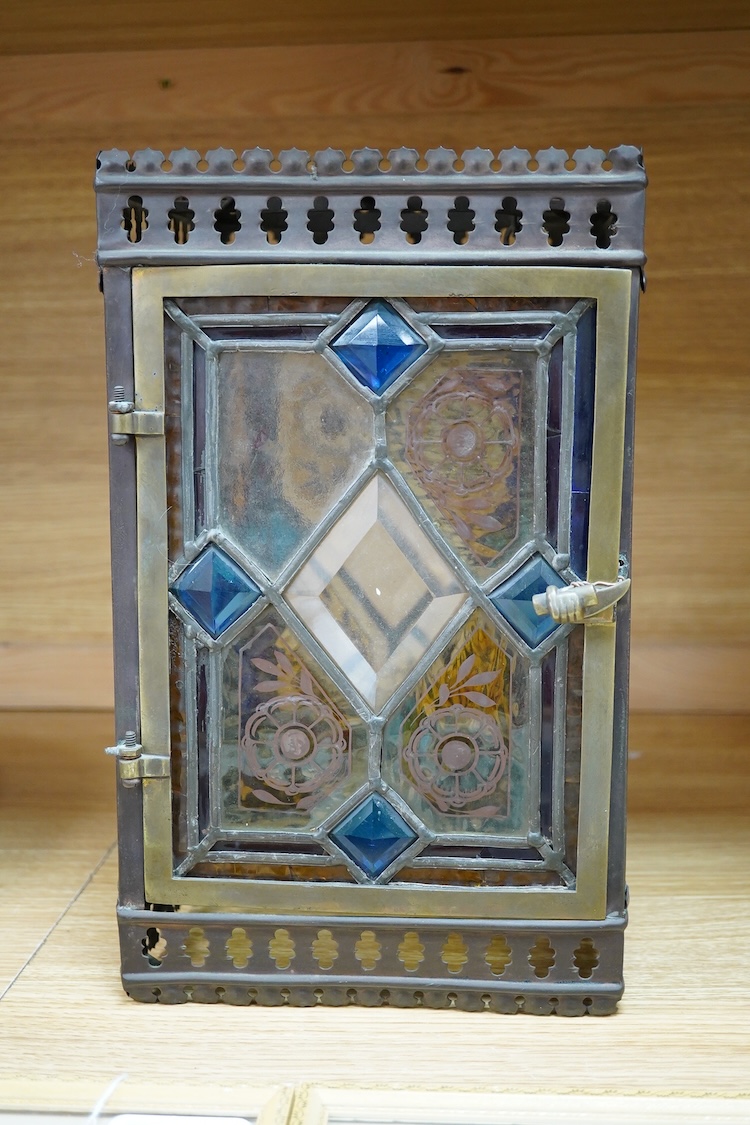 An early 20th century leaded glass hall lantern with pierced decoration, 34cm high